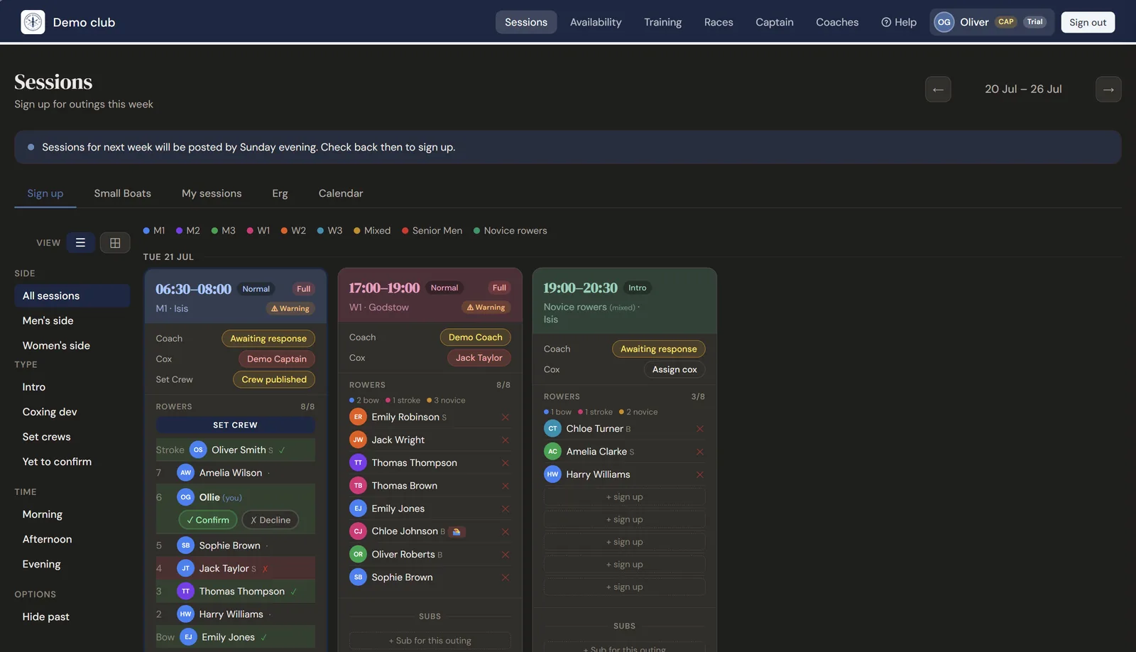 Session sign-ups screen